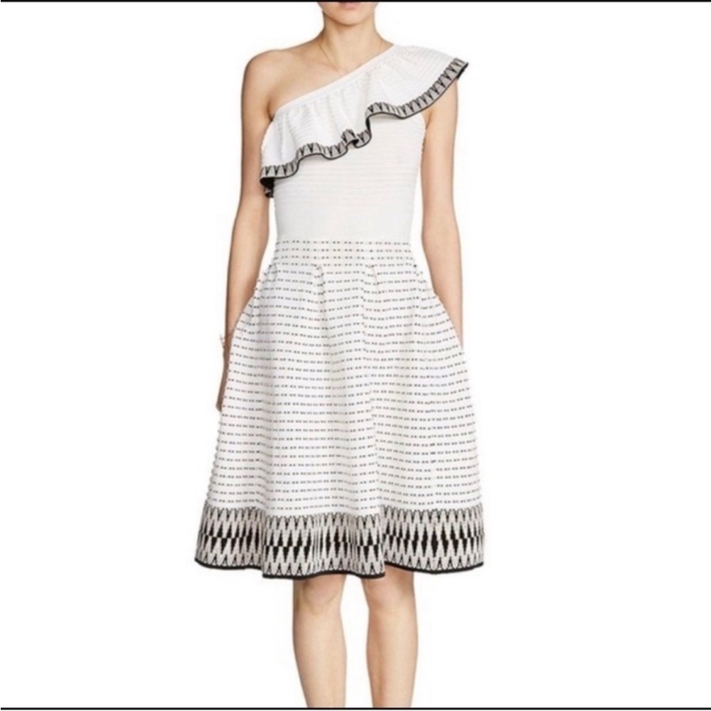Maje One-Shoulder White Rasta Dress with Black Trim